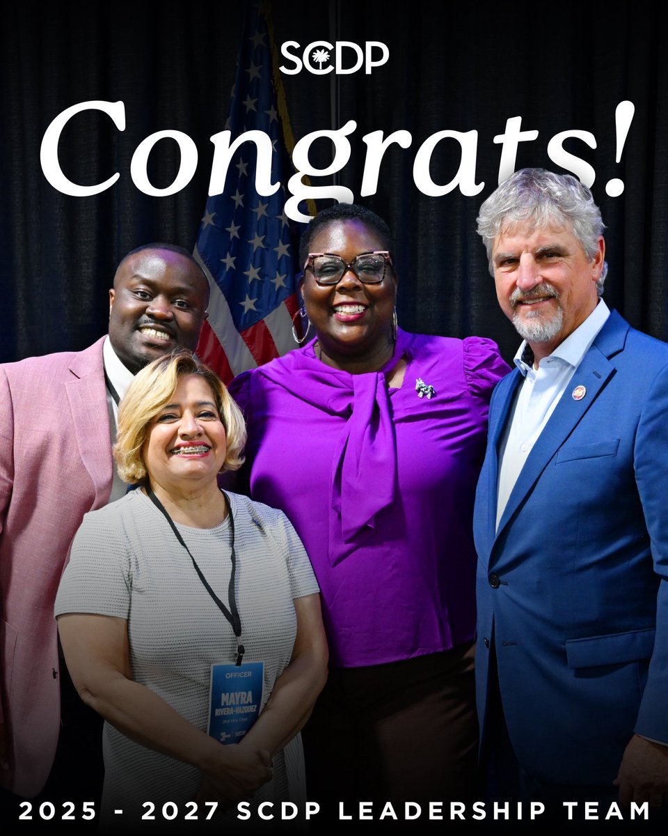 Congratulations to our newly elected SCDP officers! 🎉

Chair: Christale Spain
1st Vice Chair: Rep. Roger Kirby
2nd Vice Chair: Mayra Rivera-Vazquez
3rd Vice Chair: Ralph

#SCDems #ForwardTogether #LeadershipInAction