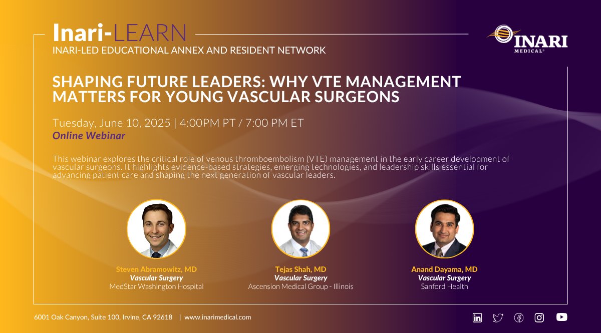 Inari Medical (@inarimedical) on Twitter photo Calling all vascular surgeons: 1 WEEK until our next #Inari-LEARN webinar!
Join us for our next #Inari-LEARN webinar to explore the critical role of venous thromboembolism (VTE) management in the early career development of vascular surgeons.
We will discuss:
Evidence-based Calling all vascular surgeons: 1 WEEK until our next #Inari-LEARN webinar!
Join us for our next #Inari-LEARN webinar to explore the critical role of venous thromboembolism (VTE) management in the early career development of vascular surgeons.
We will discuss:
Evidence-based