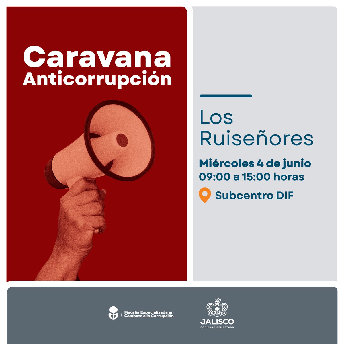 ¡ATENCIÓN!
LLEGÓ LA CARAVANA ANTICORRUPCIÓN
Mañana podrás encontrarnos en Subcentro DIF de Los Ruiseñores de 9:00 a 15:00 hrs.
Recuerda que puedes acudir a presentar tu denuncia y te atenderemos con todo gusto para juntos combatir la #corrupción 
#TuDenunciaCuenta