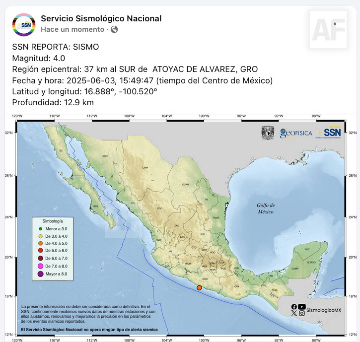 #ReporteAF SSN REPORTA: SISMO Magnitud: 4.0
Región epicentral: 37 km al SUR de  ATOYAC DE ALVAREZ, GRO
Fecha y hora: 2025-06-03, 15:49 horas
Latitud y longitud: 16.888º, -100.520º
Profundidad: 12.9 km

SSN registra 19 sismos en territorio mexicano este martes 3 de junio; los más