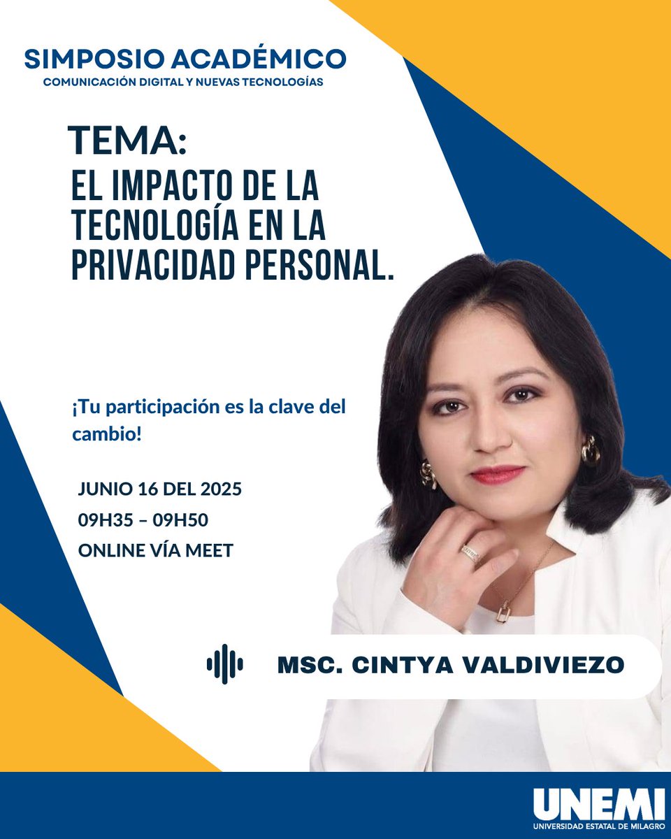 SimposioAc2025's tweet photo. La privacidad de los datos personales ,es un tema de mucha importancia.
MSC. Cintya Valdivieso,nos honrra con su intervención,en el Simposio Virtual. https://t.co/yW4Z7aS8S9