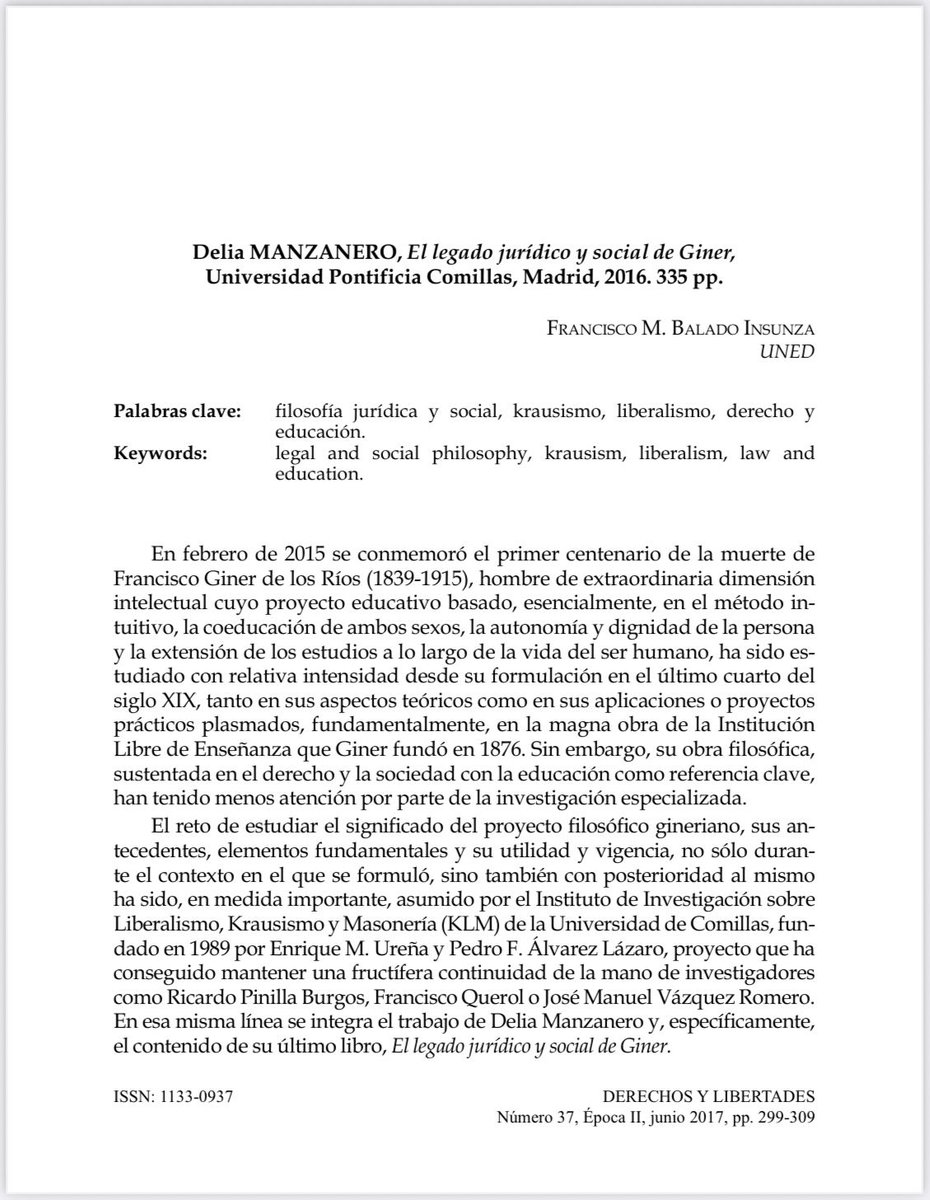 📘 #RevistaDerechosyLibertades Nº 37 (2017) <a href="/idhbc_uc3m/">Derechos Humanos (IDHPB)</a> <a href="/uc3m/">UC3M</a> <a href="/dykinsonlibros/">Librería - Editorial Dykinson 📚</a>

📣 Hoy en la sección #Recensiones 🖋️ “El legado jurídico y social de Giner” de <a href="/delia_manzanero/">Delia Manzanero</a> a cargo de #FranciscoBaladoInsunza

⬇️ ¡Léelo aquí! ⬇️ #OpenAccess
🔗 hdl.handle.net/10016/27160