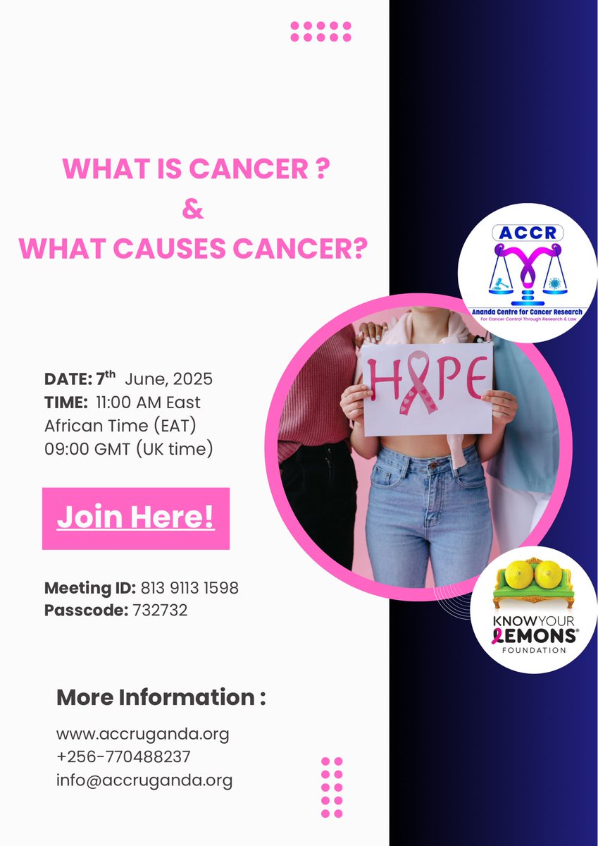 🎗️ Do you really know what cancer is — and what causes it?
Join us for an eye-opening session that breaks it all down!

📅 Date: 7th June, 2025
⏰ Time: 11:00 AM EAT / 09:00 GMT
📍 Online via Zoom
Meeting ID: 813 9113 1598
Passcode: 732732

Let’s learn and take action together 💪🏽