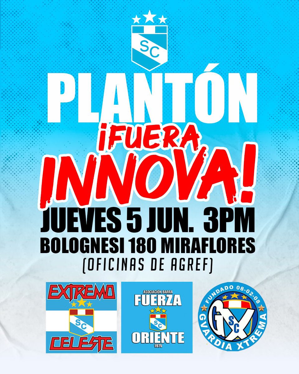 ¡𝗦𝗢𝗟𝗢 𝗘𝗟 𝗛𝗜𝗡𝗖𝗛𝗔 𝗦𝗔𝗟𝗩𝗔𝗥𝗔́ 𝗔𝗟 𝗖𝗟𝗨𝗕!
¡𝗙𝗨𝗘𝗥𝗔 𝗜𝗡𝗡𝗢𝗩𝗔 𝗗𝗘 𝗖𝗥𝗜𝗦𝗧𝗔𝗟!
🗣️Marcha pacífica contra Innova Sports, Agref, Joel Raffo y Carlos Gonzales
🗓 Jueves 5 de junio
🕒 3:00 p.m.
📍 Oficinas de AGREF (Bolognesi 180, Miraflores)
🎽Camiseta del