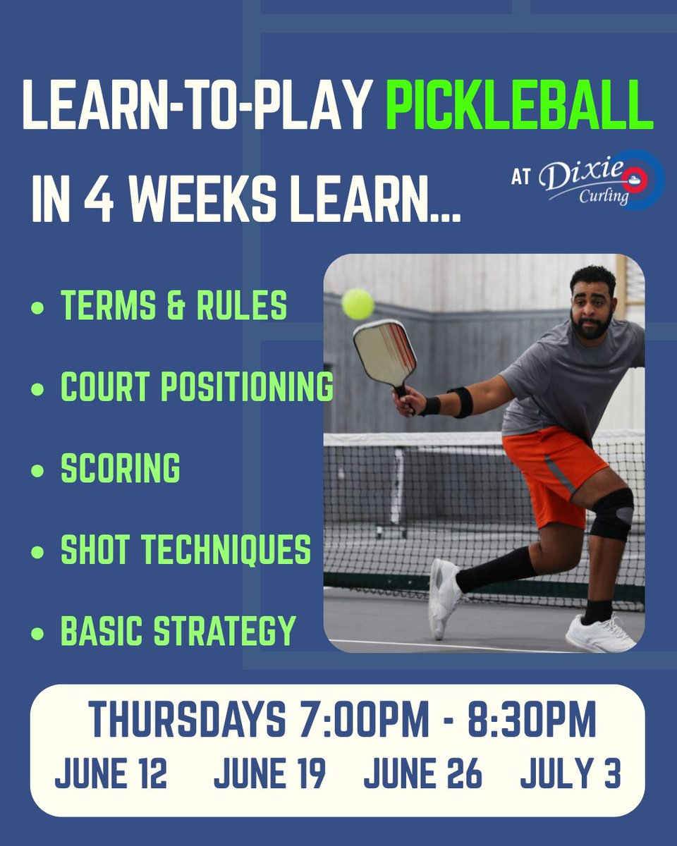 DixieCurling's tweet image. Registration is OPEN for our summer Learn-to-Play Pickleball course! In 4 weeks you'll learn the basics of pickleball and get game experience against other new players 🏓
🔗 buff.ly/ByEXHNM
#mississauga #etobicoke #pb #pickleball #summer #summerbucketlist