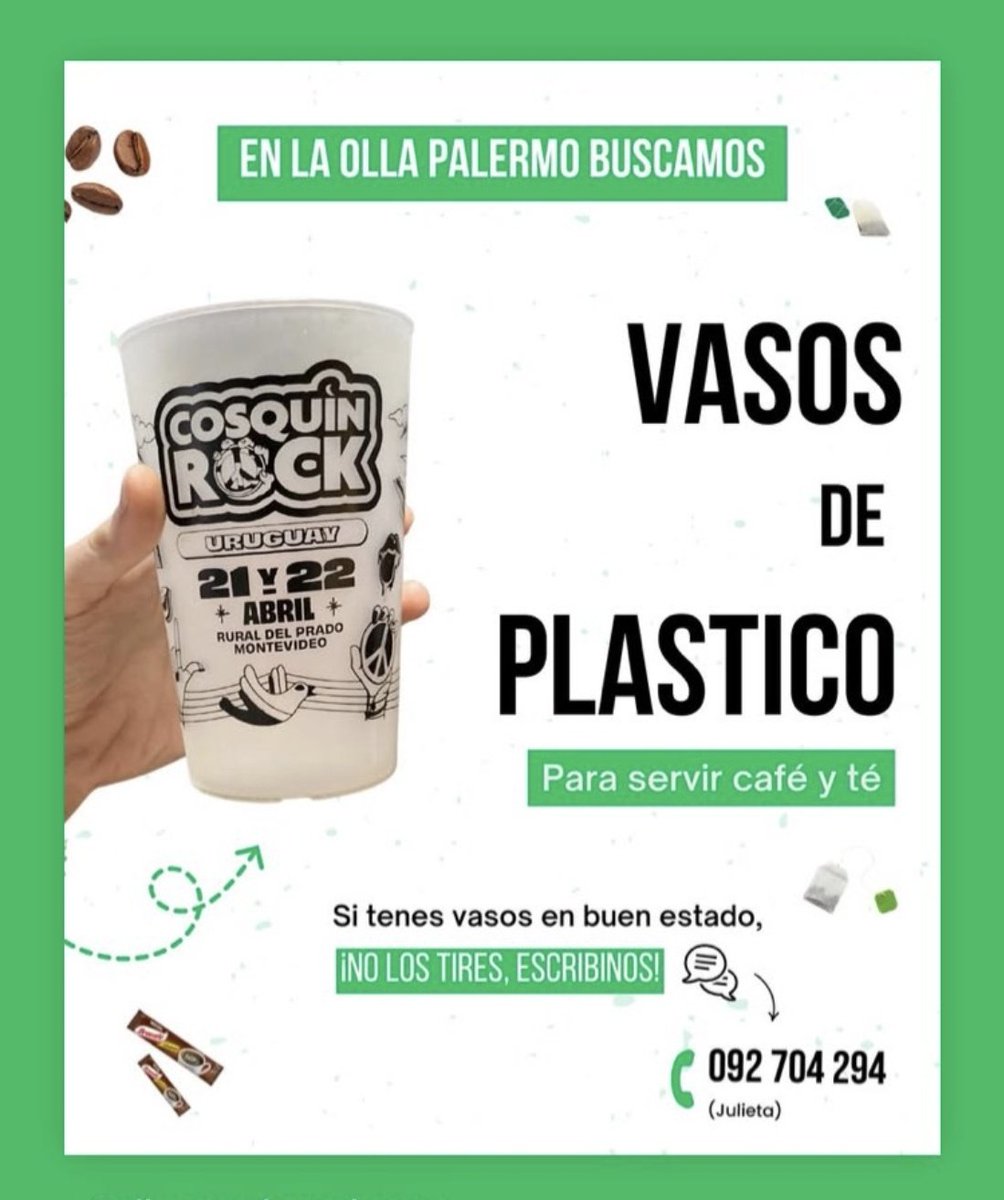 📣VOS: Persona fanática de los eventos que ya no sabe dónde meter tantos Eco VASOS ¡No los tires!✋🏾

La Olla Palermo les va a dar una segunda vida muy noble: servir cafecito y té calentito a quienes más lo necesitan ☕💚

Manda DM y arreglamos o mensajito al📱092704294

Dale RT🤗