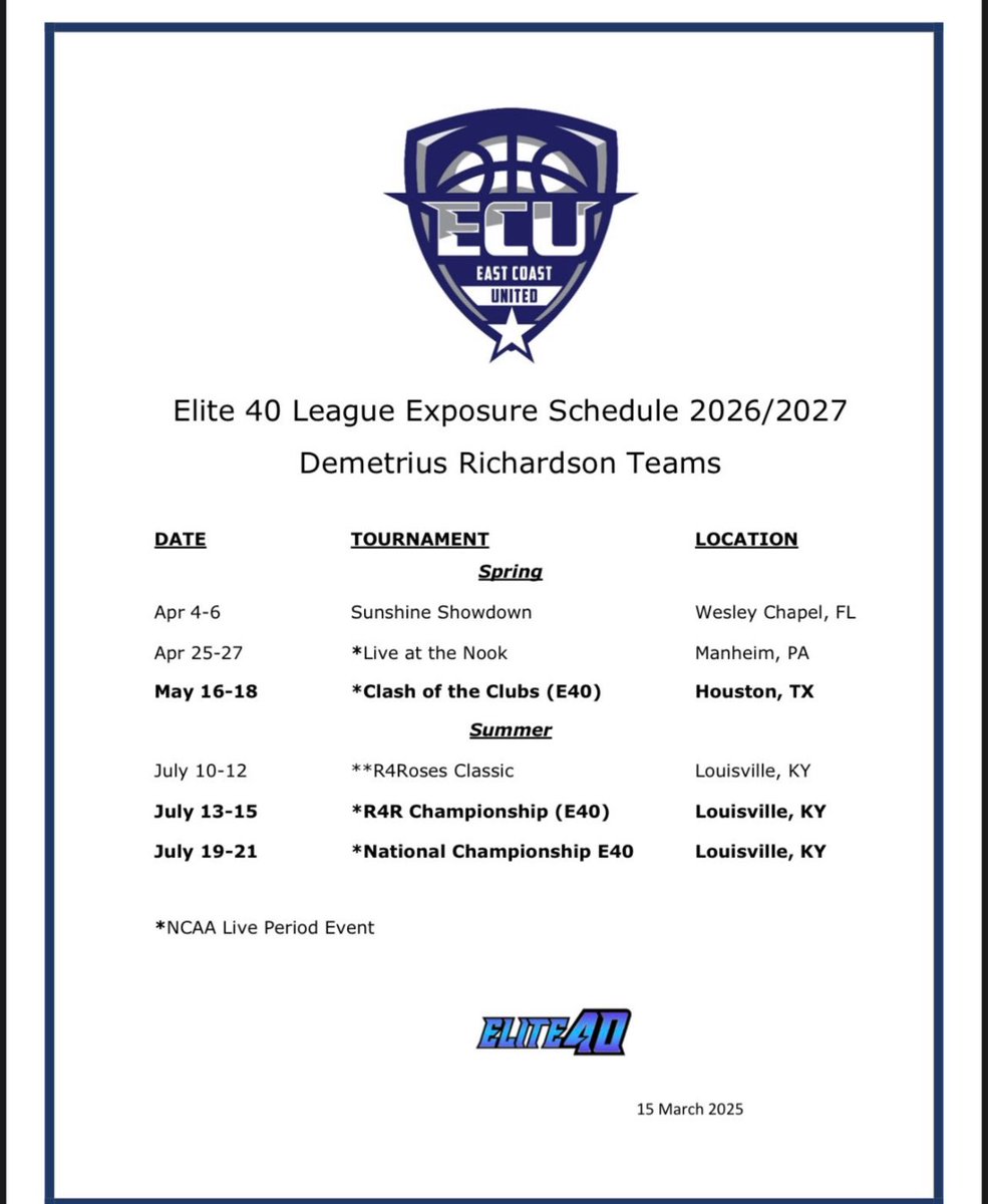 Coaches, here is my July schedule. Pls come check my 2027 Team Richardson <a href="/ECunitedbball/">eastcoastunited</a> squad out! 🔥💕