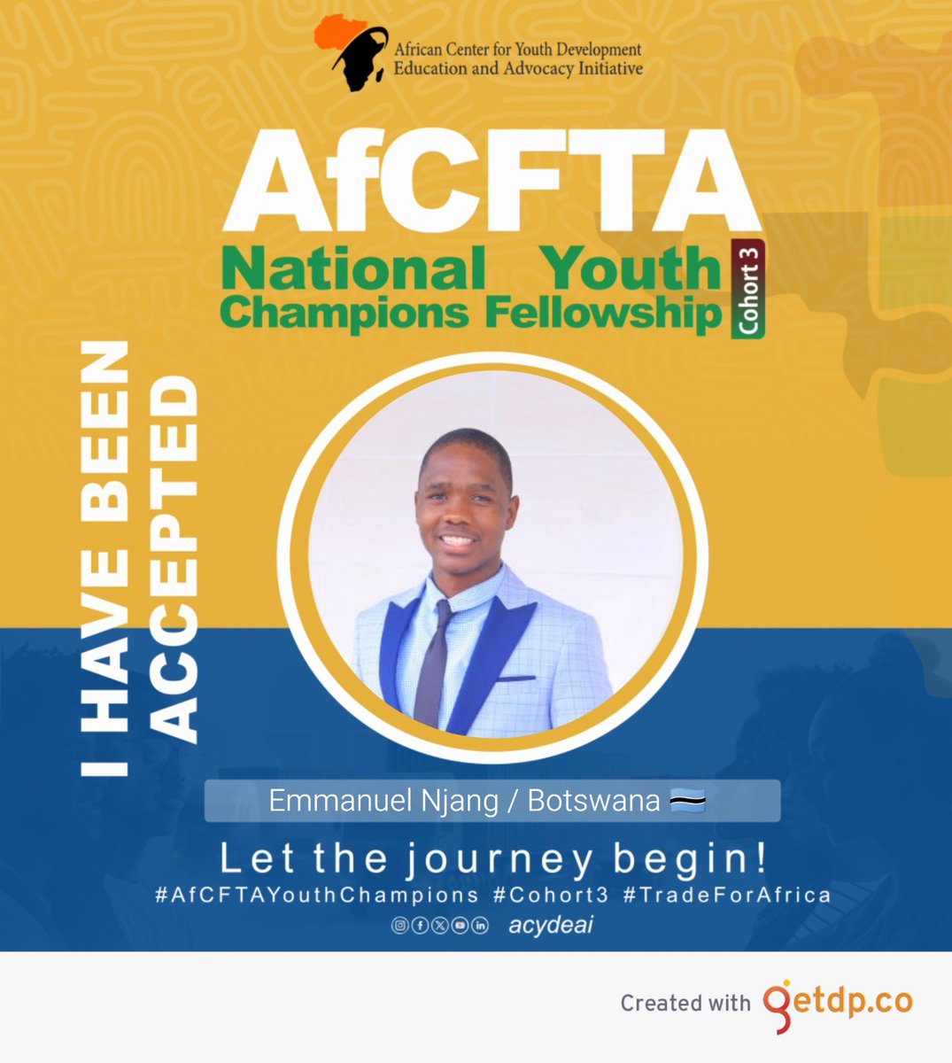 Emmanuel Njang (@emmanuelnjang) on Twitter photo AfCFTA Youth Champions Fellowship Cohort 3.
I have been selected for the 3rd Cohort of the AfCFTA National Youth Champions Fellowship, where I will be representing Botswana 🇧🇼 in championing the <a href="/AfCFTA/">AfCFTA Secretariat Official</a> promises in the region.
#AfCFTAYouthChampions #Cohort3 #TradeForAfrica AfCFTA Youth Champions Fellowship Cohort 3.
I have been selected for the 3rd Cohort of the AfCFTA National Youth Champions Fellowship, where I will be representing Botswana 🇧🇼 in championing the <a href="/AfCFTA/">AfCFTA Secretariat Official</a> promises in the region.
#AfCFTAYouthChampions #Cohort3 #TradeForAfrica
