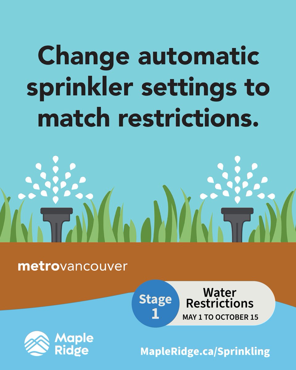 City of Maple Ridge (@yourmapleridge) on Twitter photo Sprinkler check! ๐งStage 1 Water Restrictions = active till Oct 15
๐
 Watering Schedule:
Even homes: Sat 5โ7AM
Odd homes: Sun 5โ7AM
๐ฑ Plants? OK 5โ9AM any day.
๐ฅ Veggies? Water away.
๐ฟ Use a shut-off nozzle!
Deets: MapleRidge.ca/Sprinkling
#WaterYouDoing #LawnOrder #MapleRidge Sprinkler check! ๐งStage 1 Water Restrictions = active till Oct 15
๐
 Watering Schedule:
Even homes: Sat 5โ7AM
Odd homes: Sun 5โ7AM
๐ฑ Plants? OK 5โ9AM any day.
๐ฅ Veggies? Water away.
๐ฟ Use a shut-off nozzle!
Deets: MapleRidge.ca/Sprinkling
#WaterYouDoing #LawnOrder #MapleRidge