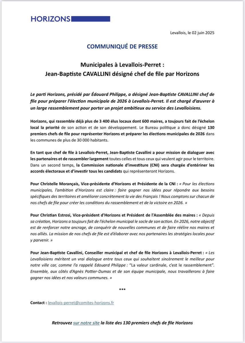 🔵⚪️ Très heureux et honoré d’avoir été désigné par le Bureau politique de <a href="/HorizonsLeParti/">Horizons</a>, Chef de file pour l’élection municipale de 2026 à #Levallois
Merci à <a href="/EPhilippe_LH/">Edouard Philippe</a> <a href="/Arnaud_Pericard/">Arnaud Péricard</a>, <a href="/IsabelledeCrecy/">Isabelle de Crécy</a>, <a href="/pybournazel/">PierreYves Bournazel</a> et <a href="/fcollet92/">Frédérique Collet</a> pour leur confiance 🗳️🇫🇷
#Municipales2026