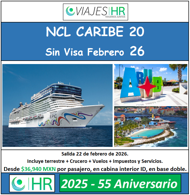 Navega con Norwegian Cruise Line, sin visa, zarpando de Punta Cana. 10 días / 09 noches a través de Punta Cana, La Romana, Aruba, Curazao, Bonaire, Santa Lucía, San Cristóbal y Tórtola.

VIAJES HR
¡Viajemos Juntos!