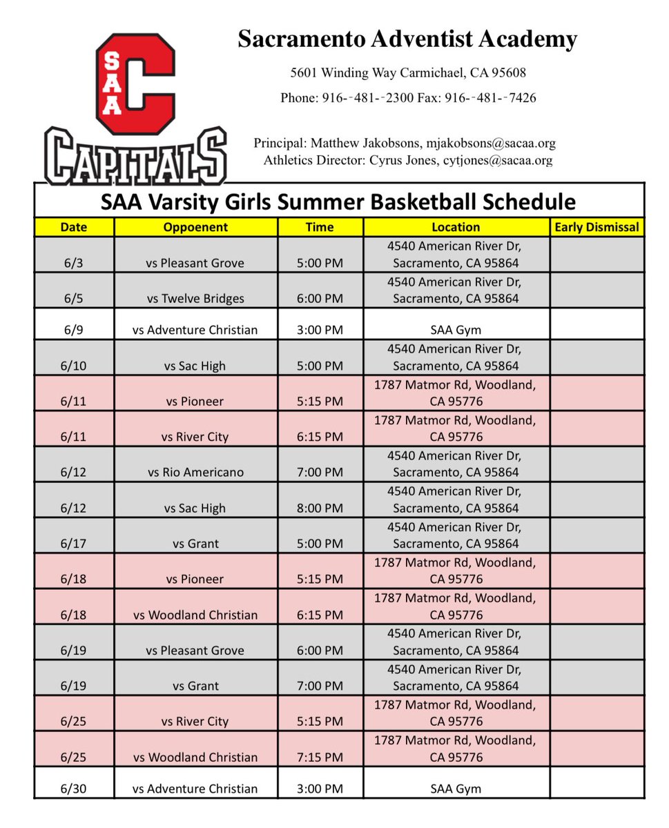 Sac Adventist Girls Basketball (@saa_capitals) on Twitter photo ‼️PLEASE NOTE ANOTHER UPDATE TO OUR SUMMER LEAGUE SCHEDULE‼️
Hopefully this will be the final schedule.
<a href="/SacBee_JoeD/">Joe Davidson</a> <a href="/PremierPrepsNMP/">Nick Pecoraro</a> <a href="/WCPSacramento/">West Coast Preps Sacramento</a> <a href="/A2J15/">Aaron Jackson</a> <a href="/J_Georgeson26/">Jordan Georgeson</a> <a href="/heykevinjohn/">Kevin John</a> <a href="/andrewmarden/">Andrew Marden</a> <a href="/ABCJAMPro/">ABC JAM Productions</a> <a href="/sacmetroal/">Sac Metro Athletic League</a> <a href="/GwenRosich/">Gwen Rosich</a> ‼️PLEASE NOTE ANOTHER UPDATE TO OUR SUMMER LEAGUE SCHEDULE‼️
Hopefully this will be the final schedule.
<a href="/SacBee_JoeD/">Joe Davidson</a> <a href="/PremierPrepsNMP/">Nick Pecoraro</a> <a href="/WCPSacramento/">West Coast Preps Sacramento</a> <a href="/A2J15/">Aaron Jackson</a> <a href="/J_Georgeson26/">Jordan Georgeson</a> <a href="/heykevinjohn/">Kevin John</a> <a href="/andrewmarden/">Andrew Marden</a> <a href="/ABCJAMPro/">ABC JAM Productions</a> <a href="/sacmetroal/">Sac Metro Athletic League</a> <a href="/GwenRosich/">Gwen Rosich</a>