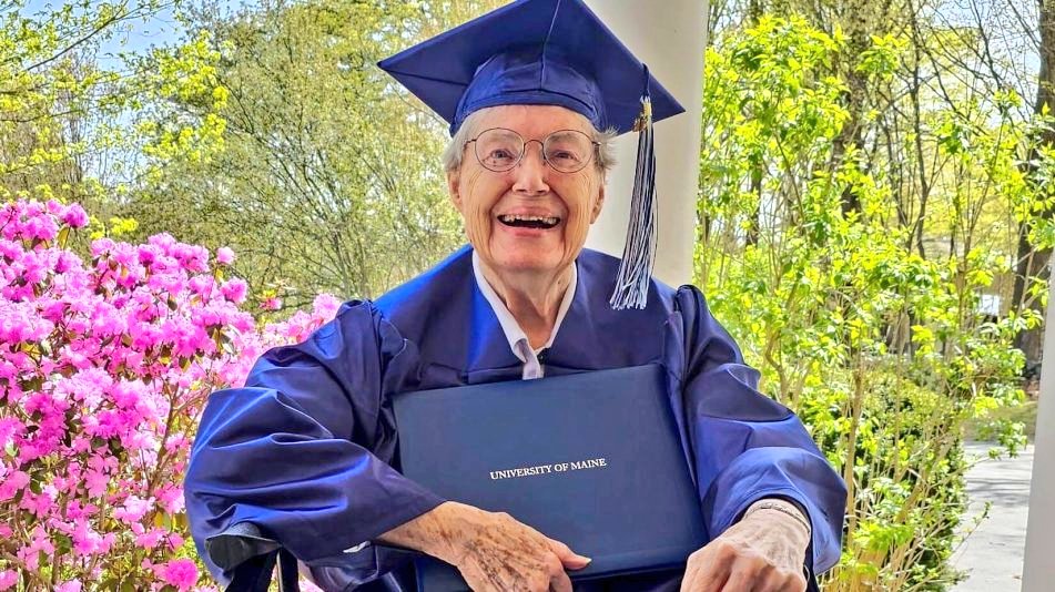 This is Joan Alexander.

In the 1950's, she was prevented from completing her teaching degree from U of Maine because she became pregnant.

Last month, at 88 years old, she graduated.

After the ceremony, she said "a hole in my heart has been healed."