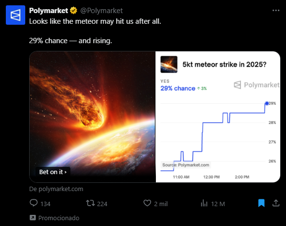 Doonoso's tweet photo. Me salio una publicidad para que apueste sobre las probabilidades de que nos golpee un meteorito https://t.co/M5SxjMQS58