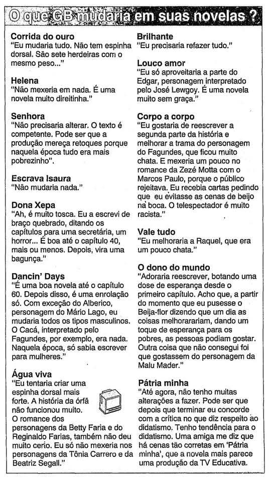 cadu_lopezz's tweet image. O que Gilberto Braga mudaria em suas novelas?

O Globo (09/09/1994)

*Créditos: Gabriel Sarturi*
----------------
Engraçado que ele, de fato, refez Brilhante, pois escreveu um remake chamado Intolerância, que foi engavetado.
Concordo com Corpo a Corpo! E chocado com Dona Xepa KKK