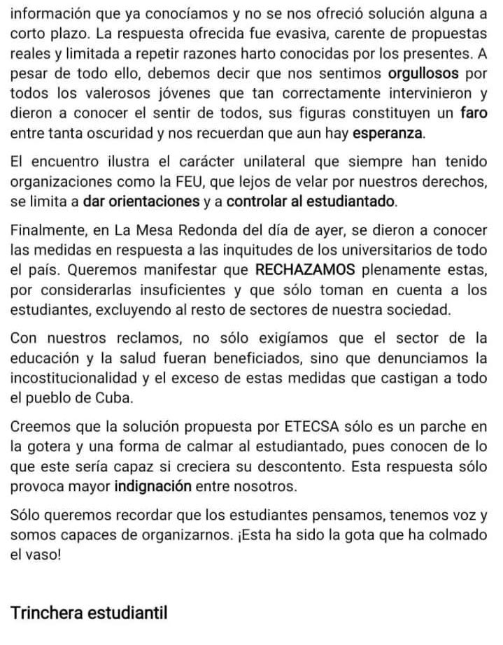 #AHORA: Estudiantes de  la Universidad de Ciencias Médicas de Cienfuegos sacan un comunicado repudiando la respuesta de ETECSA y el régimen a las críticas el #Tarifazo. 

#TrincheraEstudiantil
#OjosEnLaUH
#ParoEstudiantil
#NoAlTarifazo