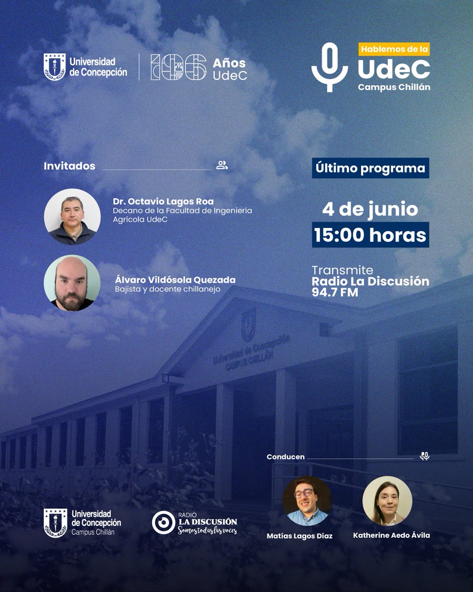 #MediosUdeC: Este miércoles 4 de junio no te pierdas el último programa de “Hablemos de la UdeC Campus Chillán”, un espacio pensado para compartir conocimientos y estrechar los lazos con la comunidad regional de Ñuble.