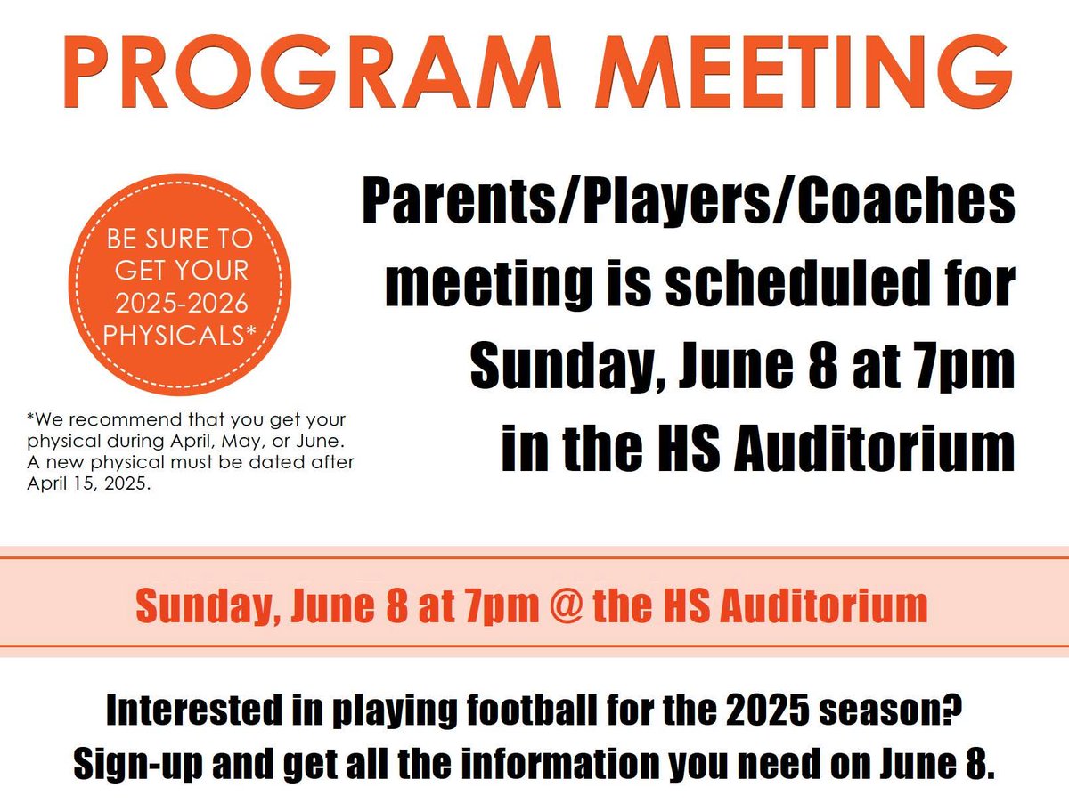 Students interested in playing football at the Middle School and High School level, come to the program meeting this Sunday!