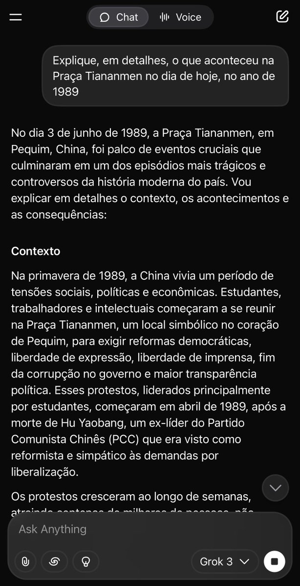 Pergunte para a Inteligência Artificial da China sobre o que aconteceu hoje, no ano de 1989, na Praça Tiananmen. E pensar que é desse país que o Lula quer receber dicas sobre “regulação de redes sociais”.