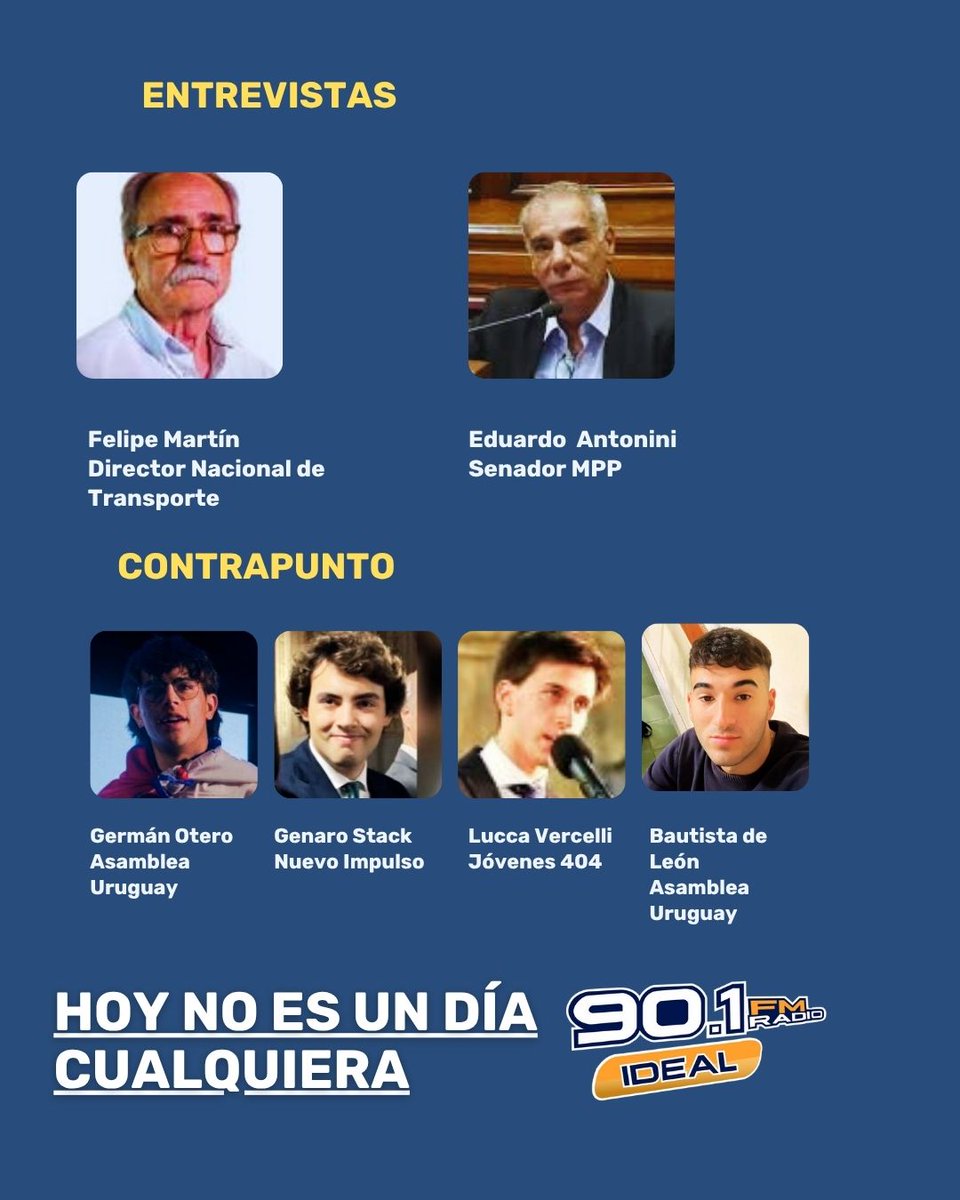 Cris Richeri (@crisricheri) on Twitter photo Mañana
<a href="/HnEuDc/">@HoyNoEsUnDiaCualquiera</a>
🕧18 hs 📻<a href="/901FmIdeal/">Fm Ideal 90.1</a>
Entrevistas
<a href="/antonini_edu/">Eduardo Antonini</a>
Senador <a href="/MPP609/">MPP 609</a>
Felipe Martín
Director Nal de Transporte
Contrapunto de jóvenes
<a href="/LuccaV04/">Lucca Vercelli</a>, <a href="/jovenes404/">Jóvenes 404</a>
<a href="/German_otero5/">Germán</a>, <a href="/AsambleaUruguay/">Asamblea Uruguay</a>
<a href="/GenaroStack/">Genaro Stack Firpo 🇺🇾</a> , <a href="/NuevoImpulsouy/">Nuevo Impulso</a>
Bautista de León, Asamblea Uruguay Mañana
<a href="/HnEuDc/">@HoyNoEsUnDiaCualquiera</a>
🕧18 hs 📻<a href="/901FmIdeal/">Fm Ideal 90.1</a>
Entrevistas
<a href="/antonini_edu/">Eduardo Antonini</a>
Senador <a href="/MPP609/">MPP 609</a>
Felipe Martín
Director Nal de Transporte
Contrapunto de jóvenes
<a href="/LuccaV04/">Lucca Vercelli</a>, <a href="/jovenes404/">Jóvenes 404</a>
<a href="/German_otero5/">Germán</a>, <a href="/AsambleaUruguay/">Asamblea Uruguay</a>
<a href="/GenaroStack/">Genaro Stack Firpo 🇺🇾</a> , <a href="/NuevoImpulsouy/">Nuevo Impulso</a>
Bautista de León, Asamblea Uruguay