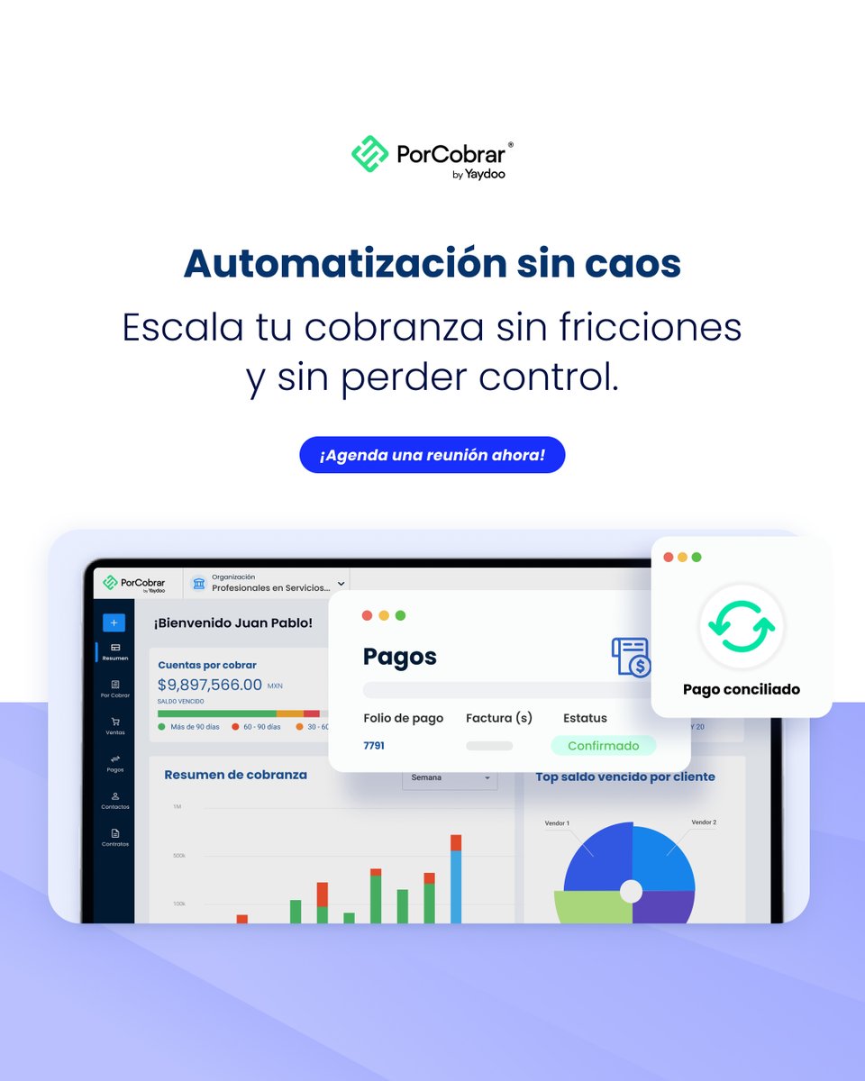 💡 Automatizar no significa perder el control.
Con PorCobrar® tienes visibilidad total, conciliación automática y crecimiento sin fricciones.
⏱️ Tu cobranza, en orden. En minutos.