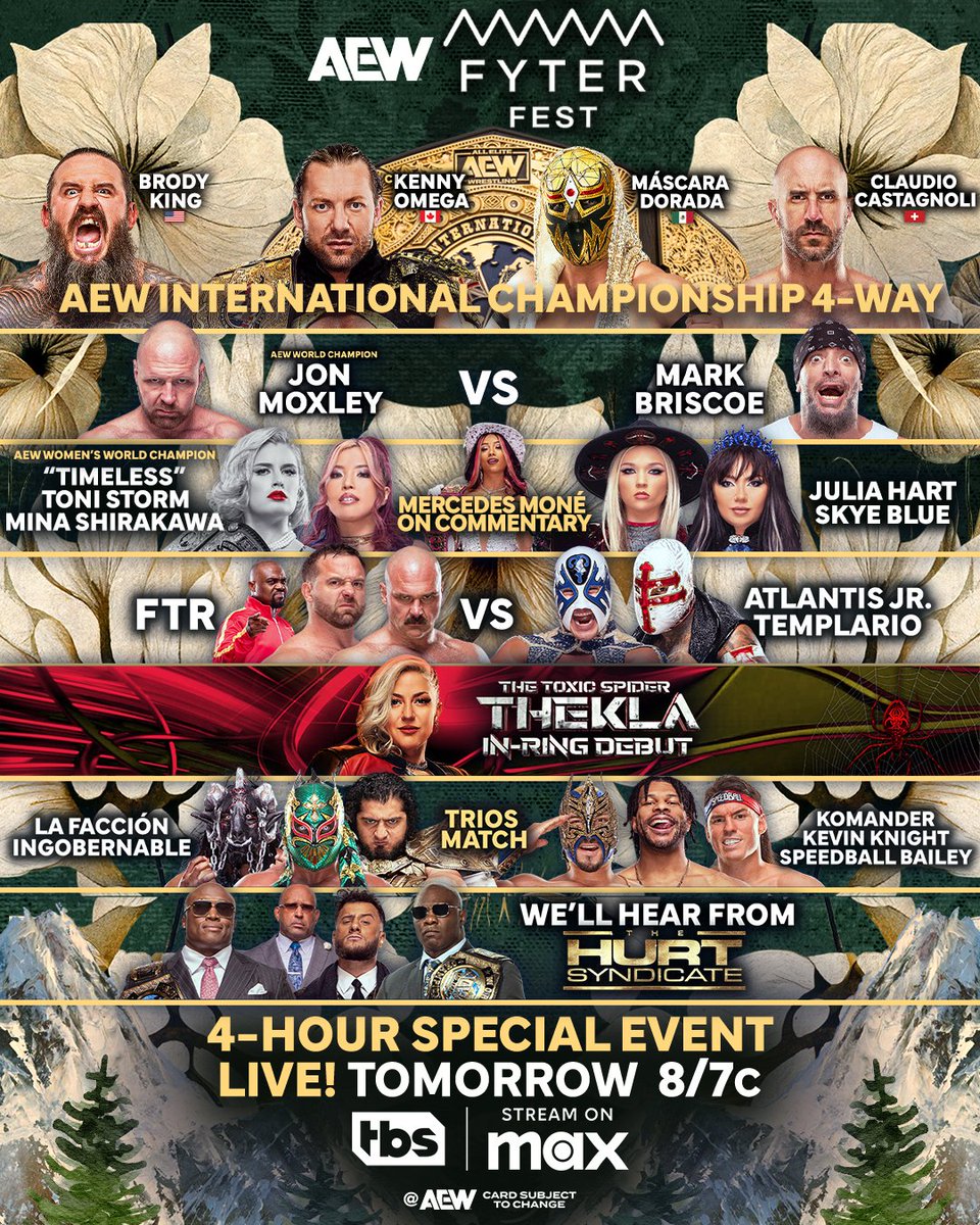 Don’t miss the 4-hour Special Event, #AEWFyterFest is LIVE from Denver, CO at 8ET / 7CT on TBS + Streaming on MAX, TOMORROW NIGHT!