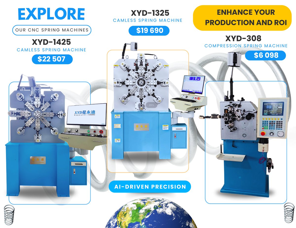 XingyongdiLtd's tweet image. Upgrade Your Spring Production &amp;amp; ROI Today!

Post:
⚡ Boost output + slash costs!
📈 40% ROI increase with our:
✅ Japanese precision motors
✅ 0.3-4.5mm wire capacity
✅ 16-axis complex forming

🚀 Free demo: booknow.xingyongdi.com
#SpringMachines #ROI #CNC