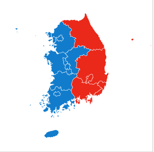 🇰🇷#Korea - Así quedó el Mapa electoral de Corea del Sur 

🔵 Izquierda - 49.4%
🔴 Derecha - 41.1%