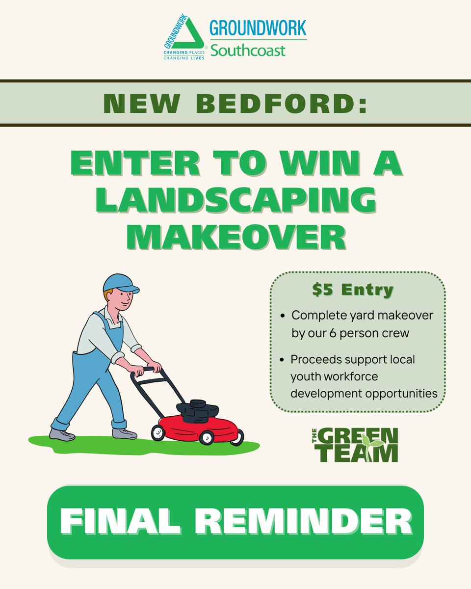 ⚠️ #NewBedford: LAST CHANCE! ⚠️
Our Green Team raffle closes June 5! $5 gets you a shot at a full yard makeover (valued $300+): mowing, weeding, cleanup &amp; more from our 6-person youth crew 💪🌿

NB residents/businesses only.
🎟️ Enter: tinyurl.com/3f3tefjz