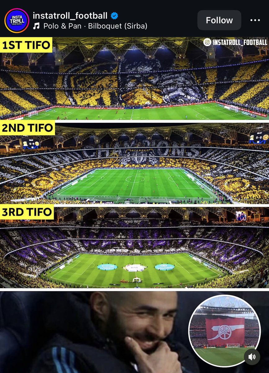 حساب عالمي شهير يسخر من آرسنال

الاتحاد في مباراة واحدة = 3 تيفوهات

أرسنال في مباراة واحدة = بنر صغير