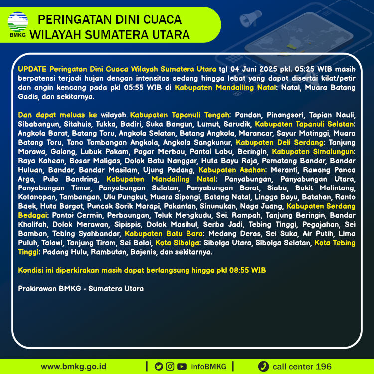 Update Peringatan Dini Cuaca Wilayah - Sumatera Utara Tgl. 04 Juni 2025 pkl. 05:55 WIB
Prakirawan - BMKG - Sumatera Utara
nowcasting.bmkg.go.id/nowcast?kodwil…