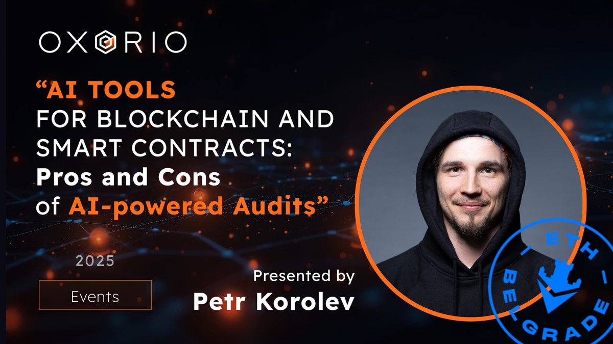 OXORIO (@0xorio) on Twitter photo π’ Come join our co-founder <a href="/skywinder/">Petr Korolev π¦π</a> speaking at <a href="/ethbelgrade/">ETH Belgrade</a>
June 4, 10:00 - "AI tools for Blockchain: pros and cons of AI-powered audits" π’ Come join our co-founder <a href="/skywinder/">Petr Korolev π¦π</a> speaking at <a href="/ethbelgrade/">ETH Belgrade</a>
June 4, 10:00 - "AI tools for Blockchain: pros and cons of AI-powered audits"