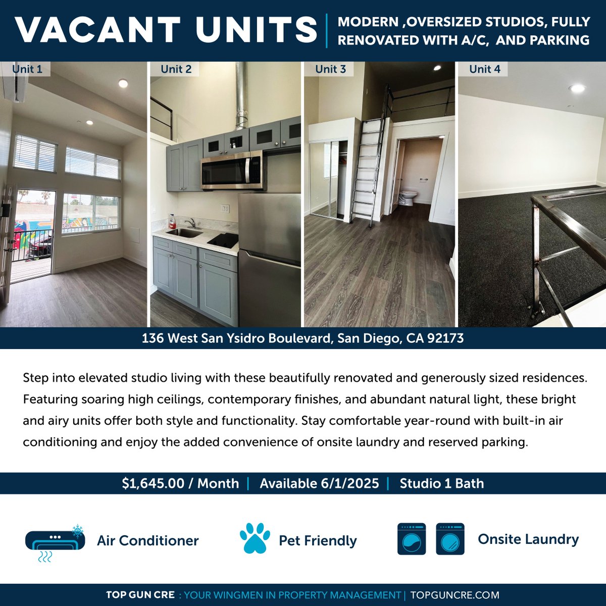Available units for rent: 136 West San Ysidro Blvd, San Diego, CA 92173

These studios are Ideally located in a highly walkable neighborhood, you're just steps from El Super, local markets, dining, and public transit.

For more information visit: TopGunCRE.com