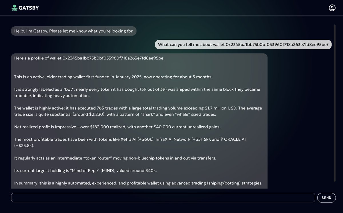 gatsbyfi's tweet image. Gatsby Analyze - New Feature Launch
Analyze any wallet with a single command, ask and you'll receive a detailed breakdown of the most important information: age, typical behaviour, trading patterns, profitability, labelling and metrics that stand out.
All beta users have…