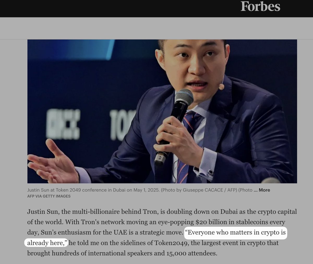 JUST IN: Justin Sun confirms TRON moves $20B in stablecoins (USDT) daily.

Dubai is the new capital of crypto, and $TRX is becoming the stablecoin superhighway 🌍💵 🔺