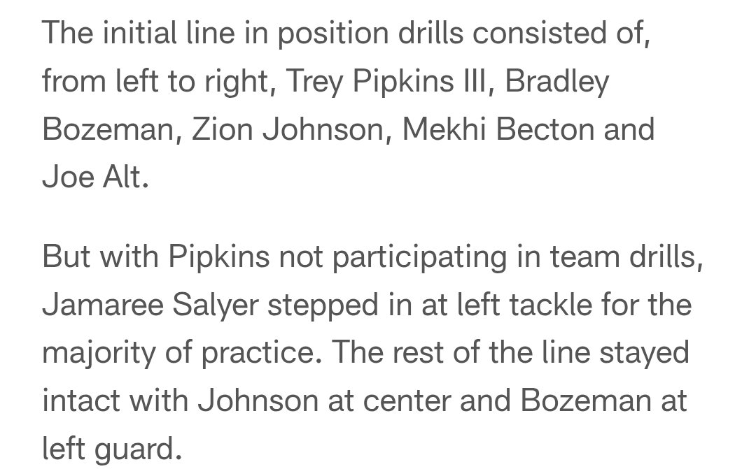 Alex Insdorf (@alexinsdorf99) on Twitter photo .<a href="/Eric_L_Smith/">Eric Smith</a> on the starting OL today in OTA position drills w/ Slater not present:
LT Trey Pipkins III-LG Bradley Bozeman-C Zion Johnson-RG Mekhi Becton-RT Joe Alt
Pipkins did not participate in team drills-Jamaree Salyer then kicked out to LT. .<a href="/Eric_L_Smith/">Eric Smith</a> on the starting OL today in OTA position drills w/ Slater not present:
LT Trey Pipkins III-LG Bradley Bozeman-C Zion Johnson-RG Mekhi Becton-RT Joe Alt
Pipkins did not participate in team drills-Jamaree Salyer then kicked out to LT.