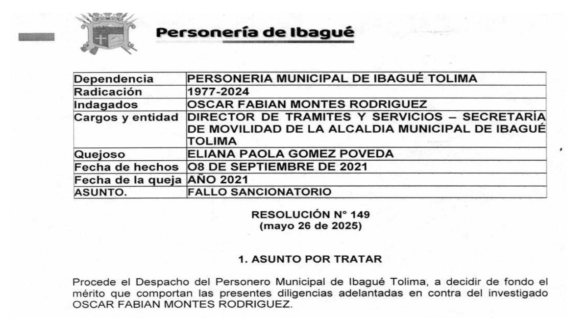 🚨 Personería de Ibagué sanciona en 1ra instancia al exdirector de Trámites y Servicios de Movilidad por presunta omisión al no responder una petición sobre embargo vehicular. Mas info: acortar.link/8WSOKq