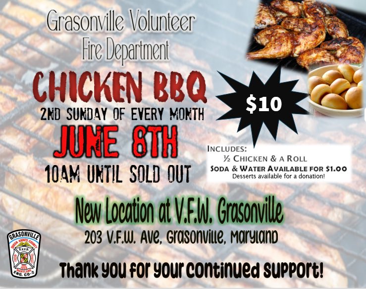 Our Monthly Chicken BBQ is this Sunday June 8th.   Starts at 10 a.m. until Sold Out.

BBQ takes place at the VFW on VFW Avenue.