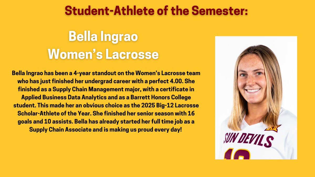 Sun Devil OSAD (@sundevil_osad) on Twitter photo The last student we want to congratulate is our High Achieving Female for Student-Athlete of the Semester: Bella Ingrao from <a href="/SunDevilWLax/">Sun Devil Lacrosse</a>! We appreciate your commitment to academics! <a href="/TheSunDevils/">Arizona State Sun Devils</a> #O2V The last student we want to congratulate is our High Achieving Female for Student-Athlete of the Semester: Bella Ingrao from <a href="/SunDevilWLax/">Sun Devil Lacrosse</a>! We appreciate your commitment to academics! <a href="/TheSunDevils/">Arizona State Sun Devils</a> #O2V