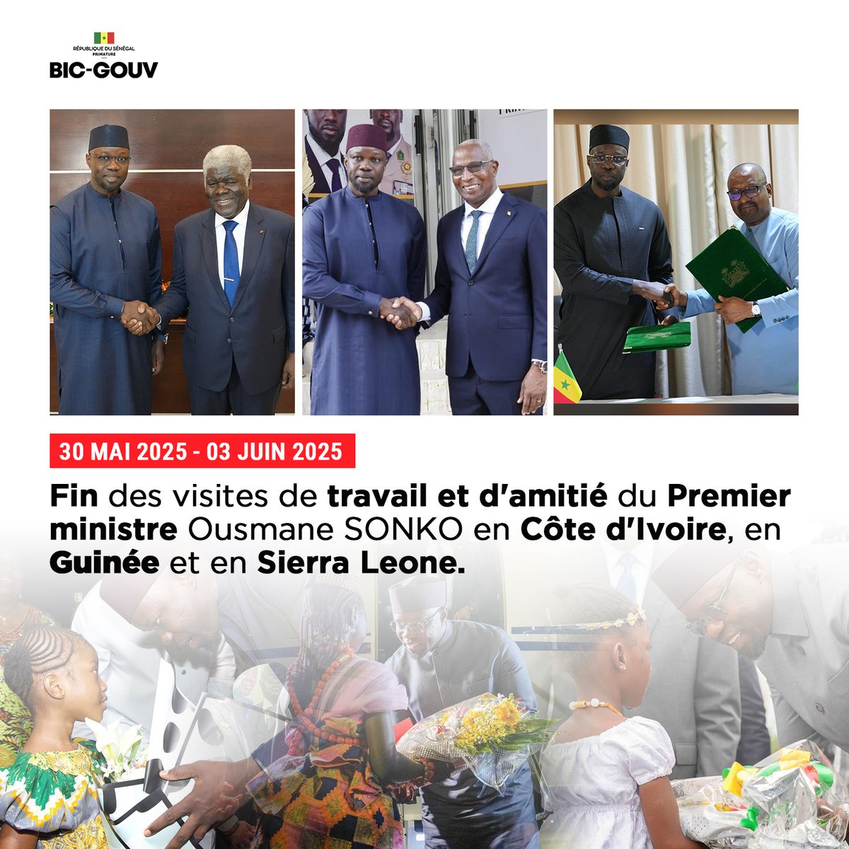 Fin des visites de travail et d'amitié du Premier ministre Ousmane SONKO en Côte d'Ivoire, en Guinée et en Sierra Leone.

#GouvernementSN