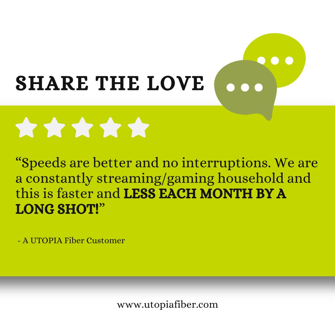 Appreciate the love! Glad we can keep your streaming and gaming running smooth😎

utopiafiber.com

#Sharethelove #utopiafiber #ChosenByUtah #Utah #Fiberinternet #Broadband