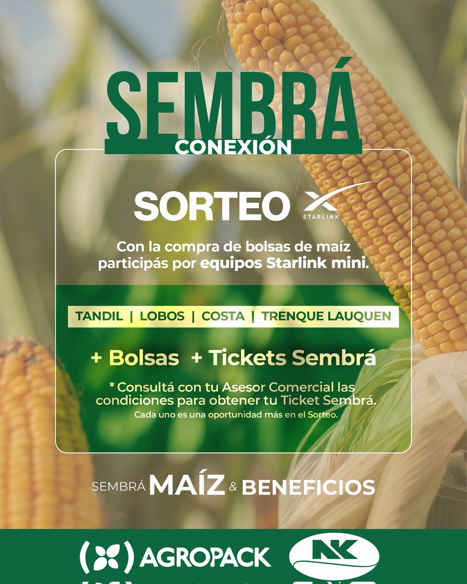 🌽 SEMBRÁ CONEXIÓN 🚀
¡Llega el sorteo que te conecta con todo!

Con la compra de bolsas de maíz NK @nksemillas participás por equipos Starlink mini para llevar internet donde estés.
+ bolsas = 🎟️ + tickets
Cuantas más bolsas, más chances de ganar.

Contáctate con tu comercial 📲
