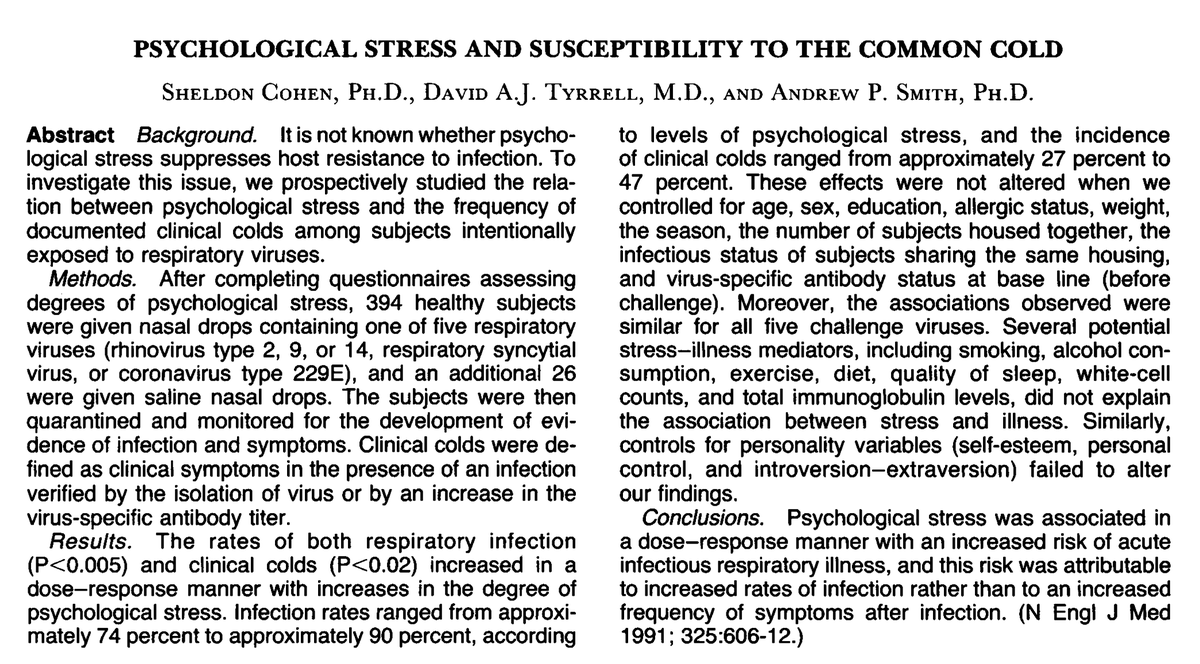 Stresin bağışıklık sistemimiz üzerindeki etkisi:
394 sağlıklı kişiye laboratuvar ortamında çoğaltılmış nezle virüsü verildi. Stres seviyesi yüksek olan kişilerin daha çok hastalandıkları görüldü.