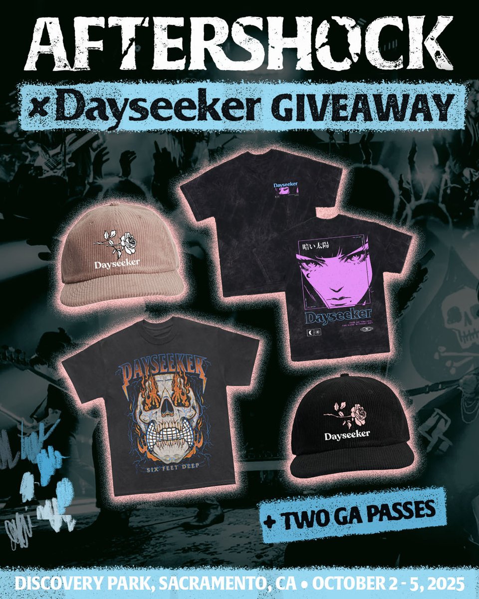 .@Dayseeker is giving you the chance to win a TWO shirts, TWO hats, and TWO 4-Day GA passes to Aftershock 2025!

Enter now at on.aftershockfestival.com/trk/DayseekerX for your chance to win it all from these Orange County rockers!

The only question is who will you bring with you to see them live