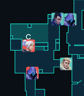 【少人数戦の鉄則～人数多い方が先にアクションせよ～】
VALORANTでかなりありがちな状況、人数が3人で2:1に分かれている。この時の鉄則として2人の側が先にアクションを起こさないといけません。