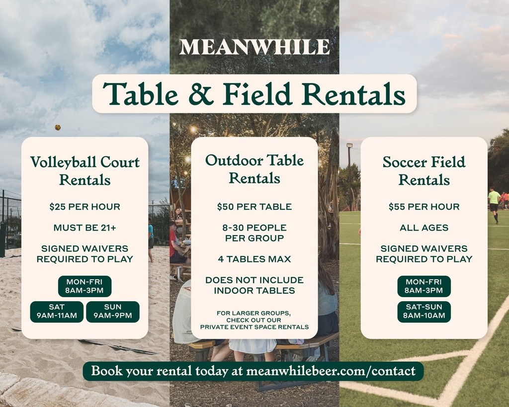 Looking to enjoy the perfect day at Meanwhile without worrying about where to sit or if the field is already in use?
‍We now offer rentals to make your visit stress-free!

Visit our website to book your rental today.
Meanwhilebeer.com/contact