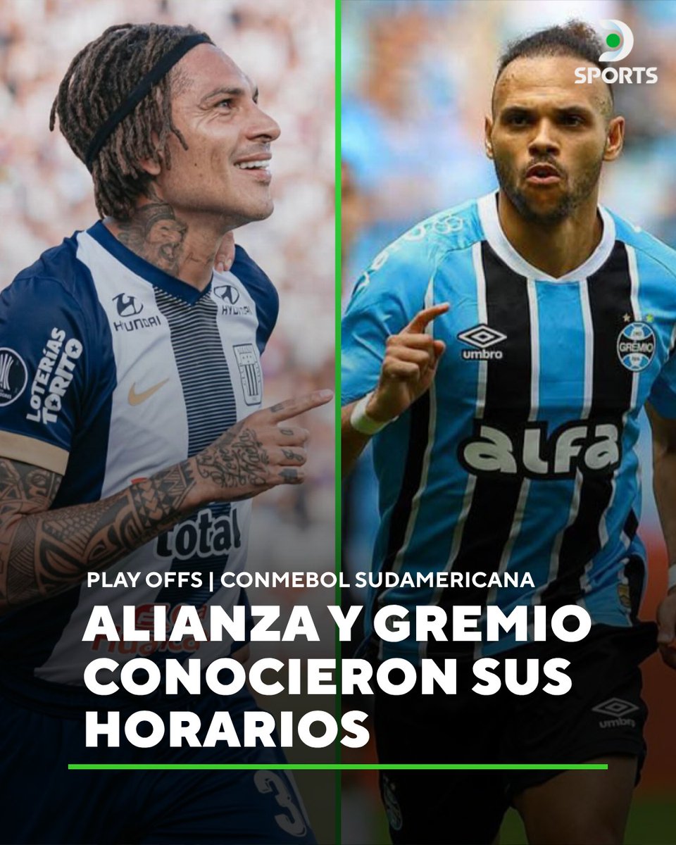 ¡ALIANZA LIMA CONOCIÓ LOS HORARIOS VS GREMIO POR LOS PLAY OFFS! 🔥

🇵🇪 Los íntimos jugarán la ida el miércoles 16/07 a las 7:30 p.m. en el Estadio Alejandro Villanueva 🏟️

📝 La vuelta será el miércoles 23/07 a las 7:30 p.m. en Arena do Gremio 🏟️

CONMEBOL #SudamericanaEnDSPORTS