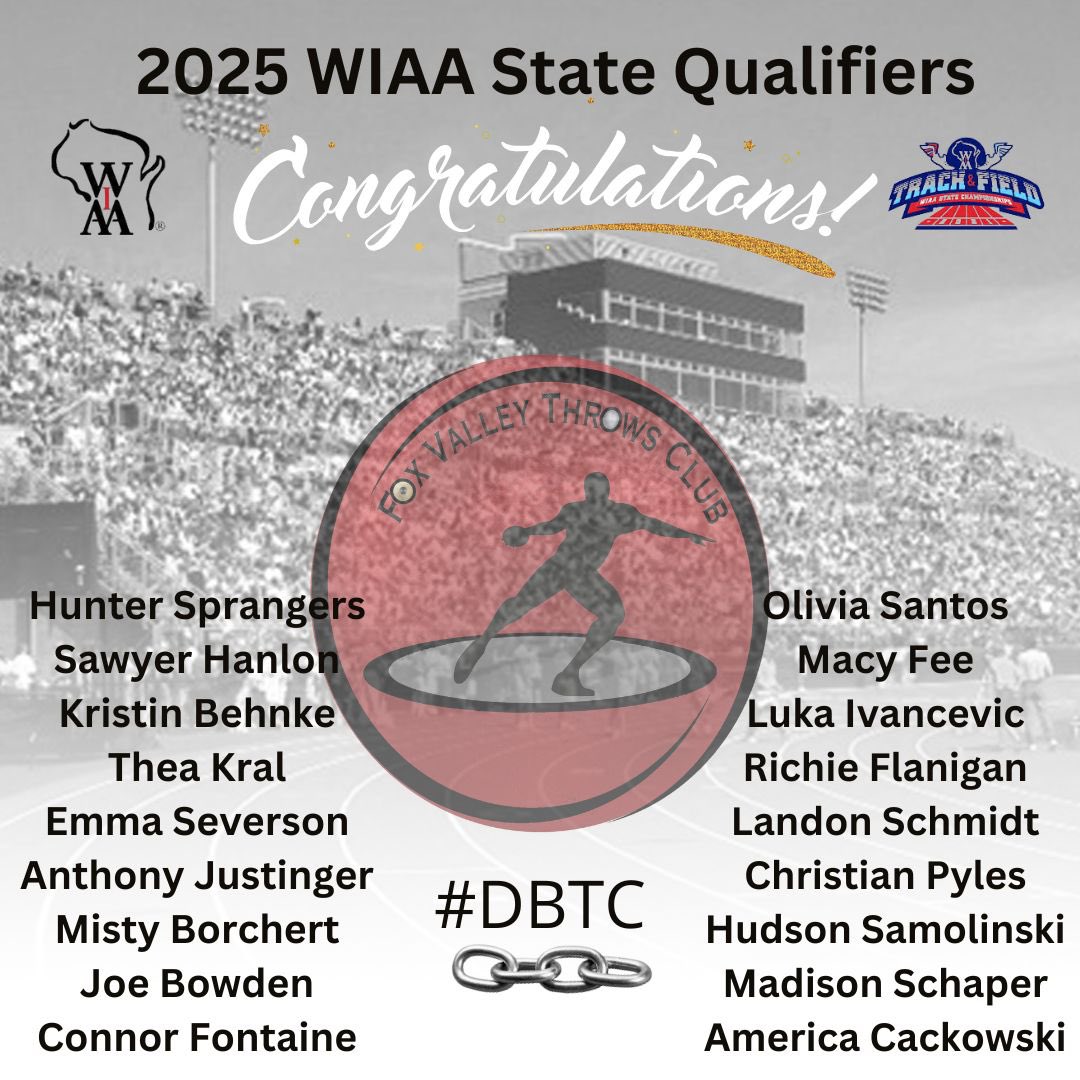 Fox Valley Throws Club (@foxvalleythrows) on Twitter photo Good Luck to all the FOX VALLEY THROWS CLUB athletes at the <a href="/wiaawi/">WIAA</a> state track meet at <a href="/UWLaCrosse/">UW-La Crosse</a> this week!
<a href="/WISTCA/">WISTCA</a> <a href="/billr50/">Bill Richards</a>
<a href="/UWLAthletics/">UWL Athletics</a>
<a href="/UWLTrack_Field/">UWL Women's T & F</a>
<a href="/UWLMensTF/">UWL Men's Track & Field</a>
#foxvalleythrowsclub
#DBTCβ Good Luck to all the FOX VALLEY THROWS CLUB athletes at the <a href="/wiaawi/">WIAA</a> state track meet at <a href="/UWLaCrosse/">UW-La Crosse</a> this week!
<a href="/WISTCA/">WISTCA</a> <a href="/billr50/">Bill Richards</a>
<a href="/UWLAthletics/">UWL Athletics</a>
<a href="/UWLTrack_Field/">UWL Women's T & F</a>
<a href="/UWLMensTF/">UWL Men's Track & Field</a>
#foxvalleythrowsclub
#DBTCβ