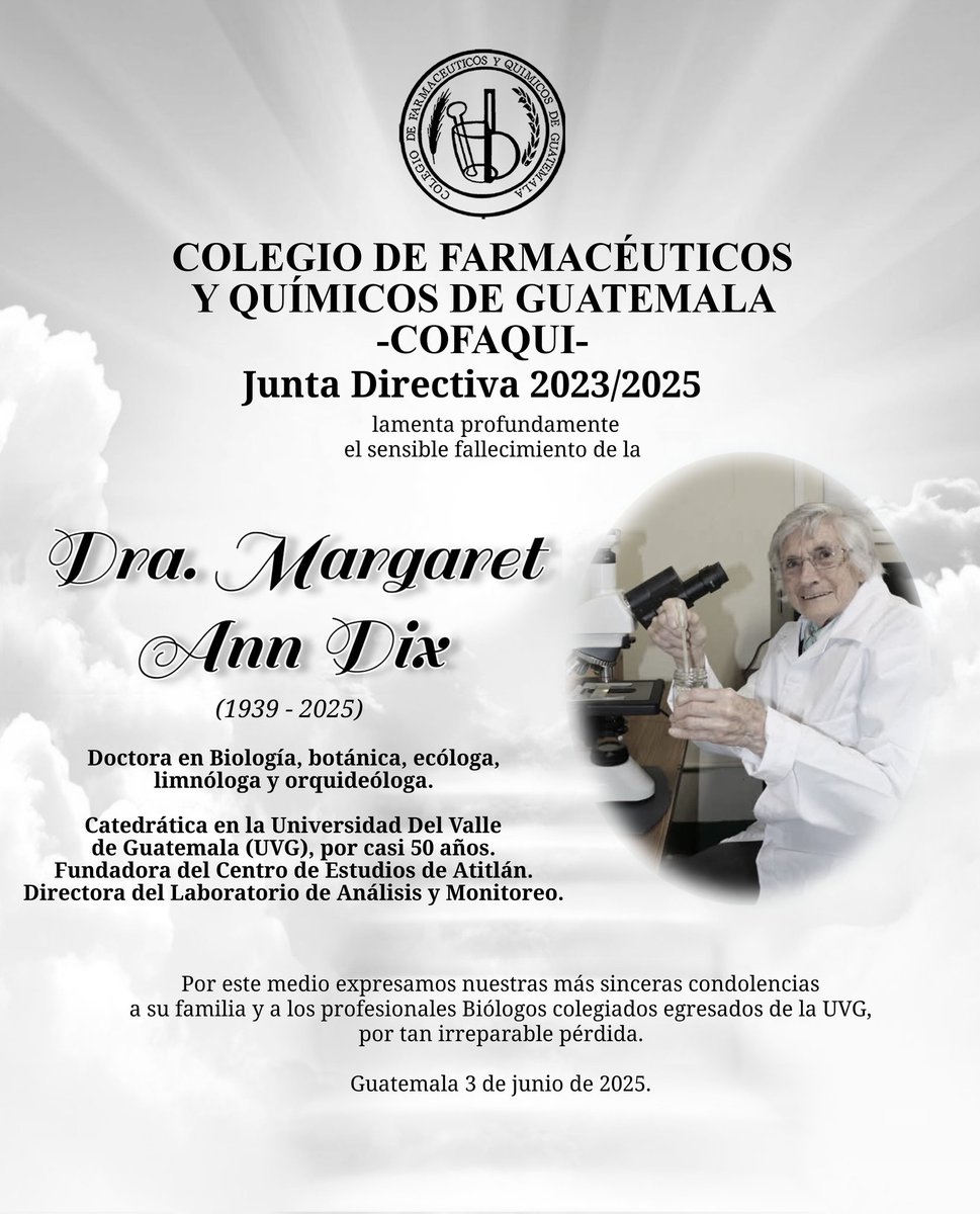 CofaquiGuate's tweet photo. 🌷𝗡𝗢𝗧𝗔 𝗗𝗘 𝗗𝗨𝗘𝗟𝗢 

El COFAQUI expresa sus condolencias por el fallecimiento de la Dra. Margaret Ann Dix, destacada investigadora y docente de @UVGgt, quien dedicó su vida a la formación de profesionales #𝘽𝙞𝙤́𝙡𝙤𝙜𝙤𝙨🌿

#𝘚𝘰𝘭𝘪𝘥𝘢𝘳𝘪𝘥𝘢𝘥𝘗𝘳𝘰𝘧𝘦𝘴𝘪𝘰𝘯𝘢𝘭 https://t.co/5HPf2baOoG