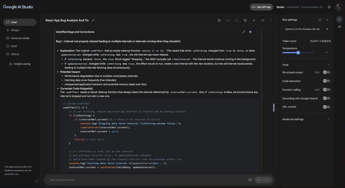 More on getting the best out of AI, this time using Google AI Studio, debugging a React code snippet with some bad patterns within it.

<a href="/jbarbier/"></a> <a href="/kalibetre/">Kalkidan Betre</a> #ALX_AIDEV and <a href="/alx_africa/">ALX Africa</a>